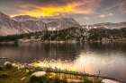 USA, Wyoming, Medicine Bow National Forest. Landscape with mountain and  Mirror Lake at sunset. Art Print